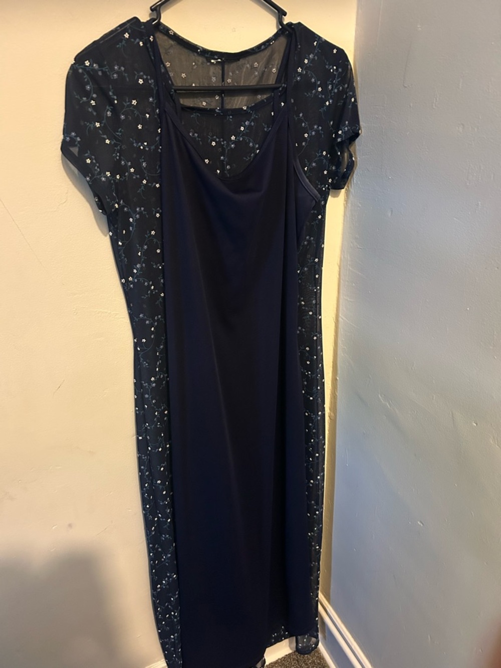 Navy Blue Floral Mesh Overlay Women’s Dress
